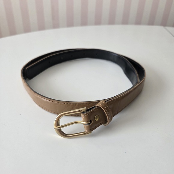 Vintage Accessories - Vtg 90s 33"-37" Waist Womens Belt Light Brown Leather Thin Skinny Gold Buckle